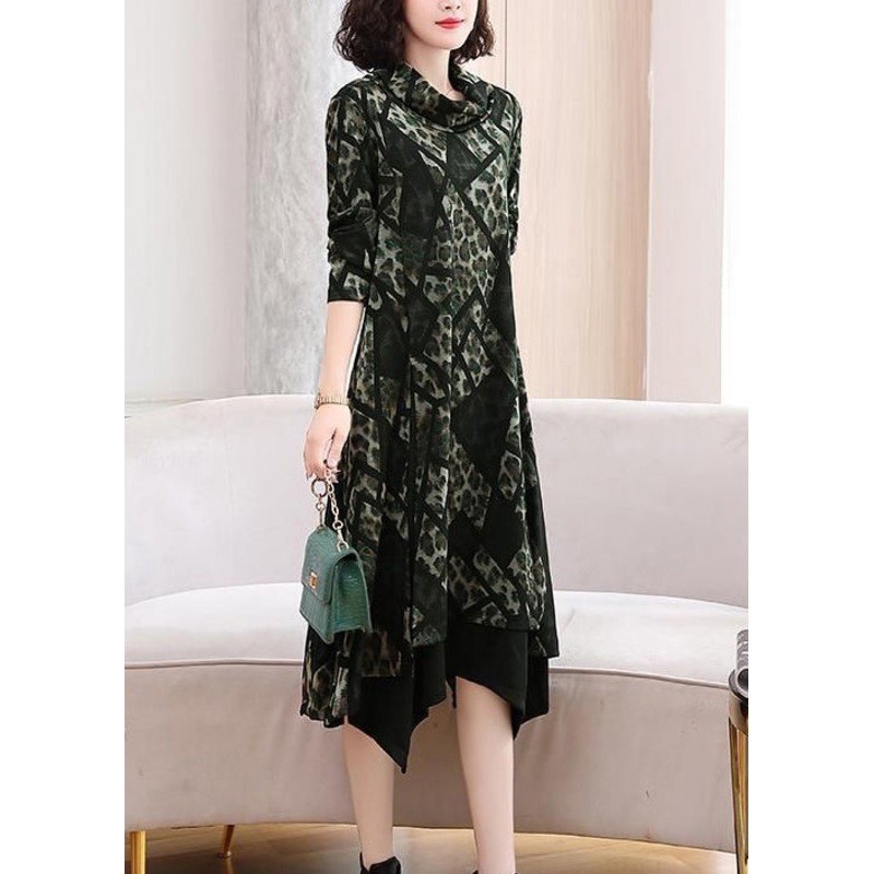 Green Side Open Cotton Dress Turtleneck Long Sleeve