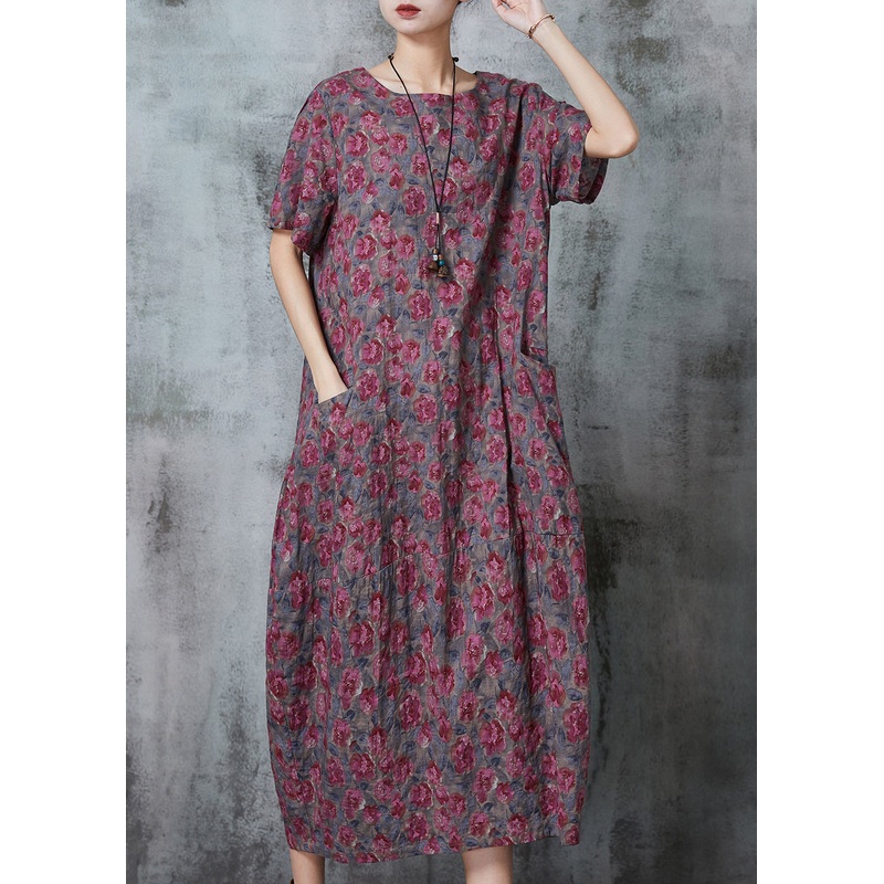 Handmade Purple Oversized Print Linen Dresses Summer