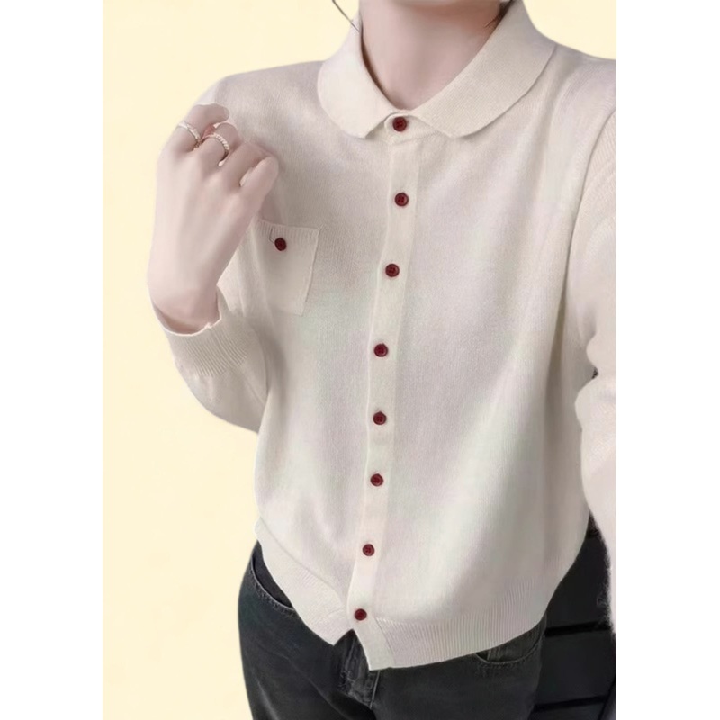 Handmade White Peter Pan Collar Pockets Solid Cotton Knitted Cardigans Fall