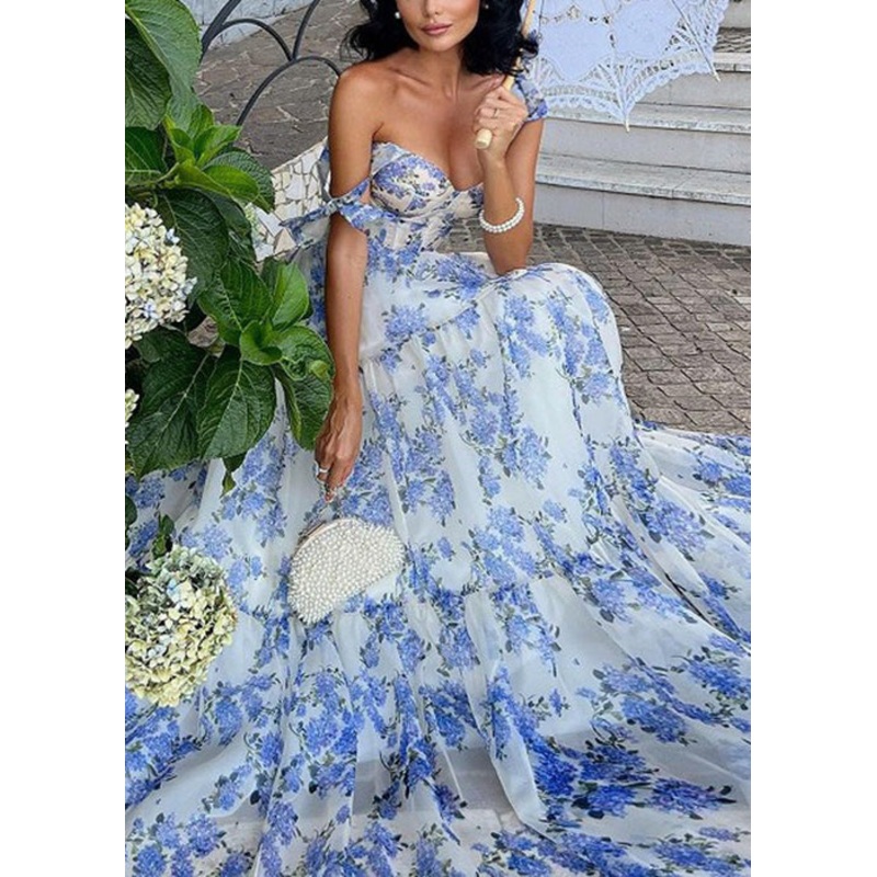 Italian Blue Lace Up Print Chiffon Spaghetti Strap Dresses Sleeveless