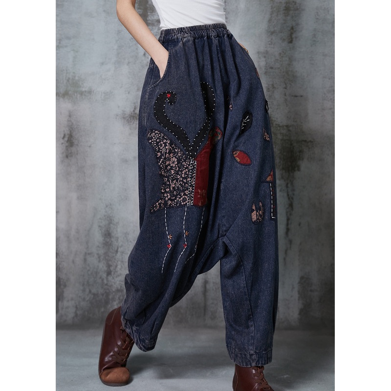 Italian Navy Embroidered Applique Denim Harem Pants Spring