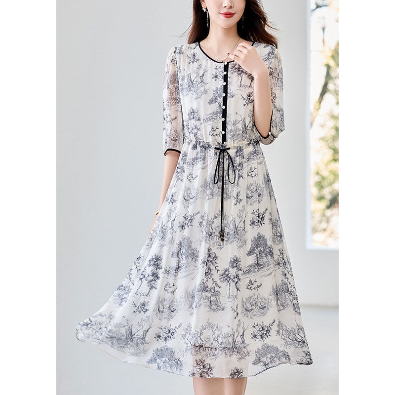 Italian O Neck Print Drawstring Silk Dress Summer
