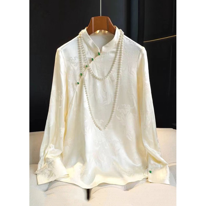 Jacquard Apricot Stand Collar Button Silk Shirt Long Sleeve