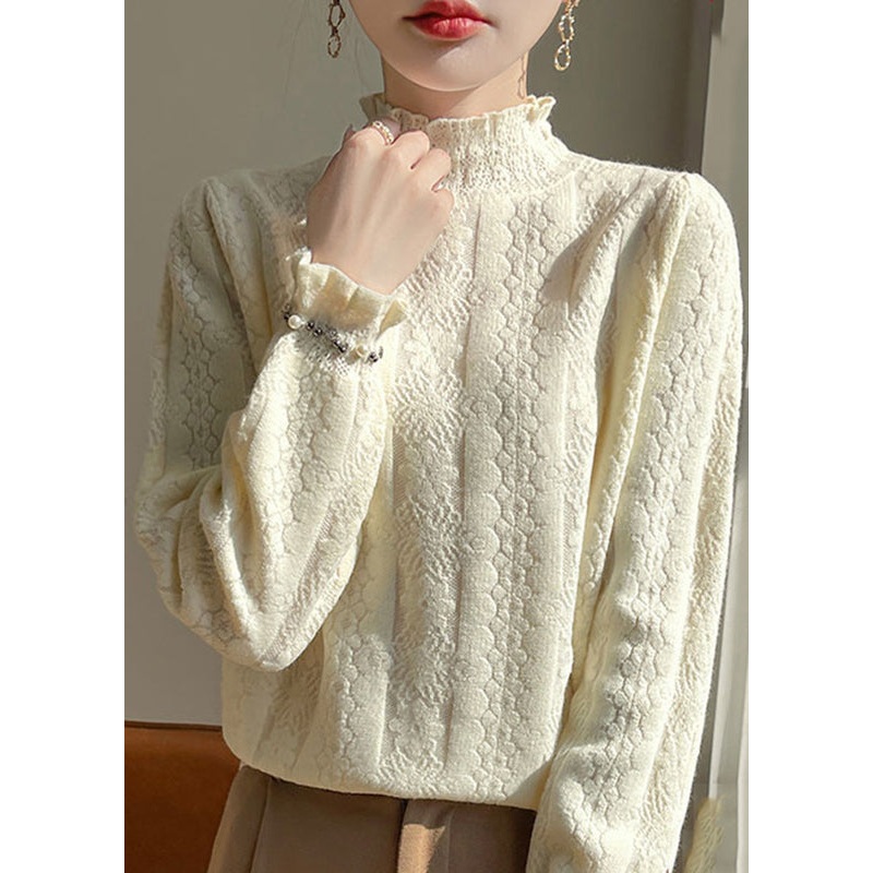 Jacquard Beige Turtleneck Cozy Solid Cotton Knitted Tops Winter