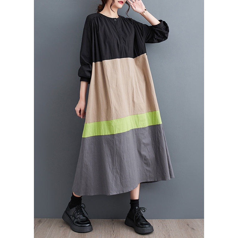 Khaki Loose Patchwork Cotton Long Dresses O Neck Fall