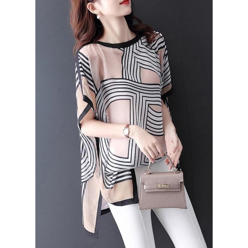 Khaki Print Side Open T Shirts O Neck Summer