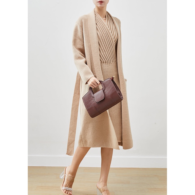 Khaki Warm Knit Women Sets 2 Pieces V Neck Tie Waist Winter