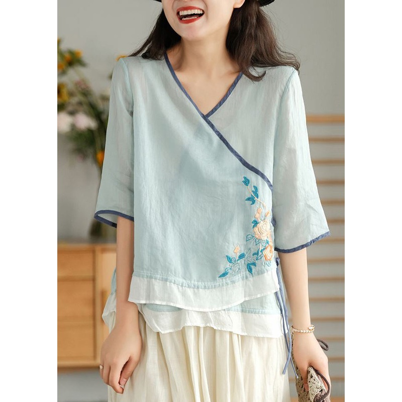 Light Blue O Neck Asymmetrical Lace Up  Linen Top Spring
