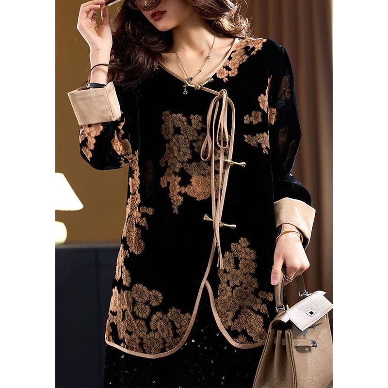 Loose Black V Neck Lace Up Print Silk Velour Shirt Spring