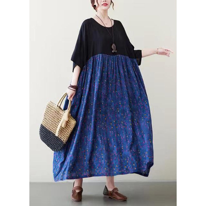 Loose Blue O-Neck Print Long Dress Short Sleeve