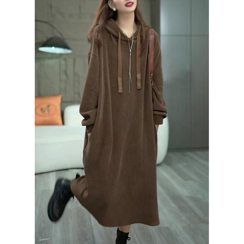 Loose Coffee Hooded Pockets Solid Long Dress Winter