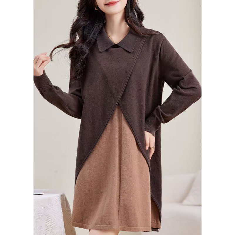 Loose Coffee Peter Pan Collar Patchwork Woolen Sweater Dress Winter