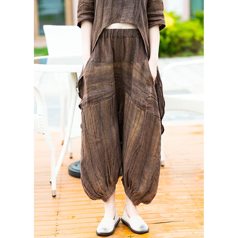 Loose Coffee Pockets Elastic Waist Linen Lantern Pants Summer