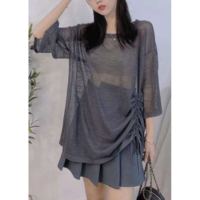 Loose Dark Gray Lace Up Cozy Ice Silk Knit Top Half Sleeve