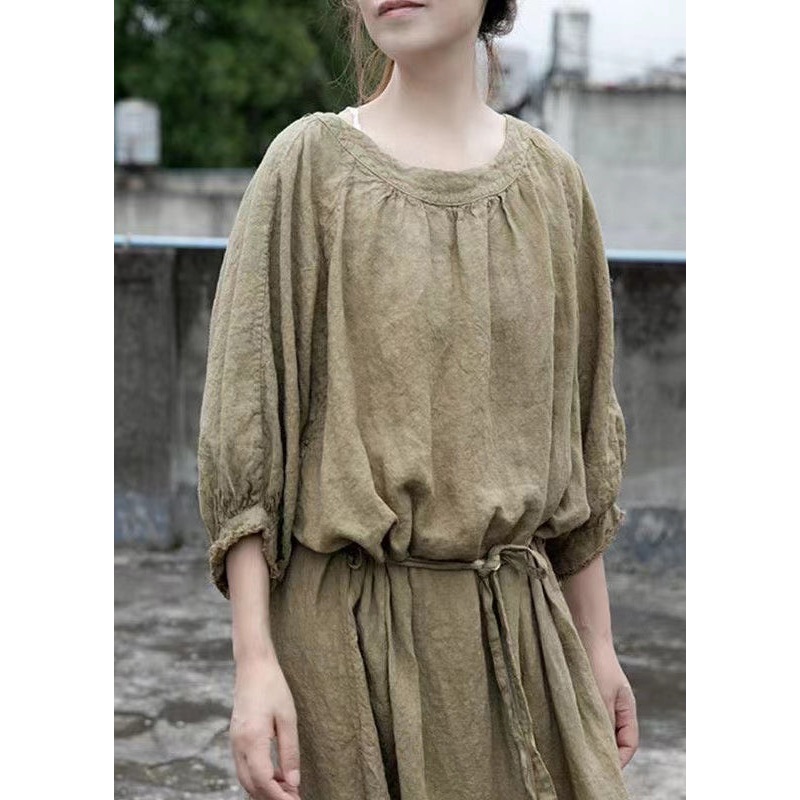 Loose Green O Neck Tie Waist Linen Dress Half Sleeve