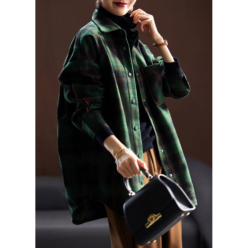 Loose Green Plaid Button Patchwork Woolen Shirt Spring