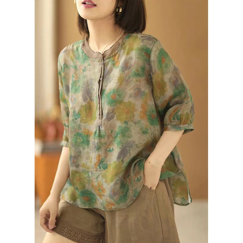 Loose Green Print Button Side Open Linen Shirt Summer