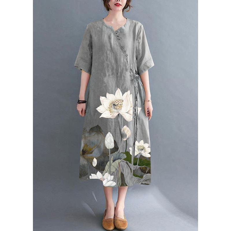 Loose Grey Print Button Maxi Summer Chiffon Dress