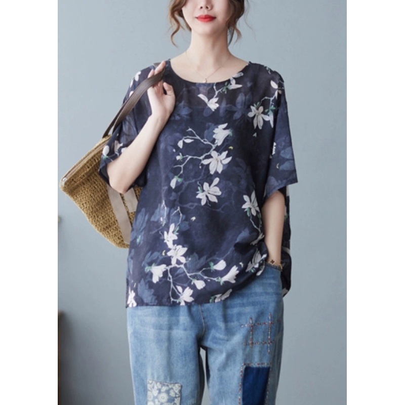 Loose Navy O Neck Print Linen T Shirts Summer