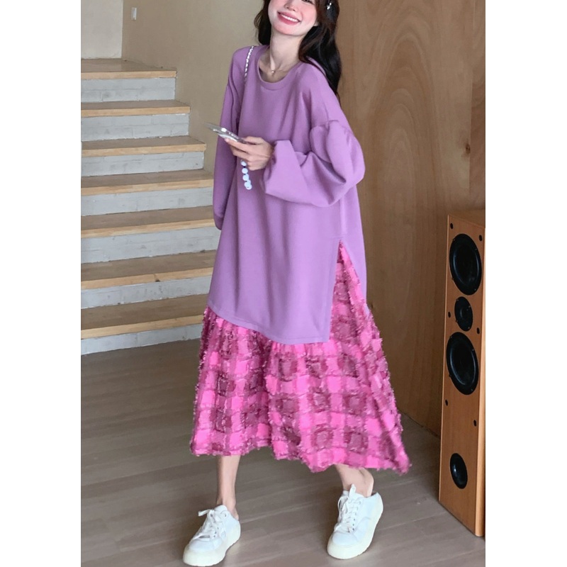 Loose Purple O-Neck Plaid Maxi Dress Spring