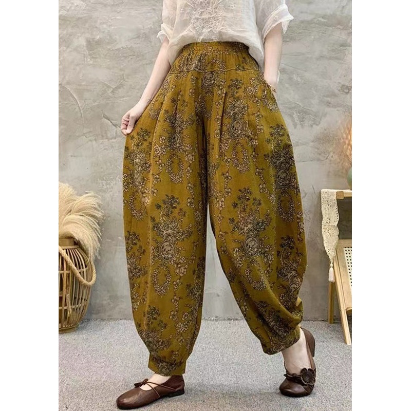Loose Yellow Print Pockets Cotton Crop Pants Summer