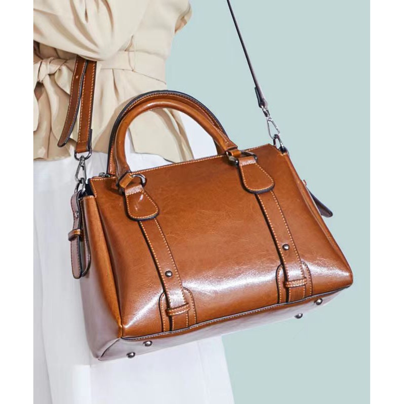 Modern Brown Versatile Calf Leather Tote Handbag
