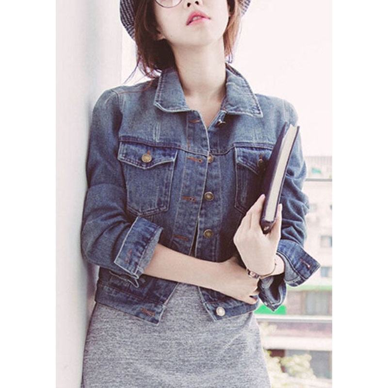 Modern Light Blue Peter Pan Collar Pockets Cotton Denim Coats Spring