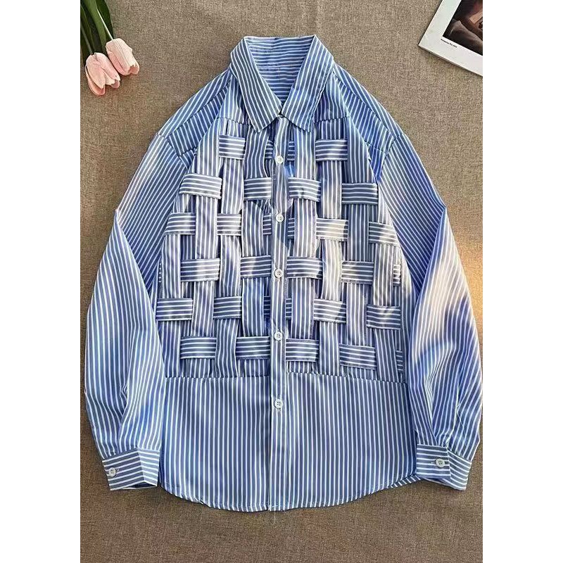 Natural Blue Peter Pan Collar Patchwork Cotton Shirt Fall