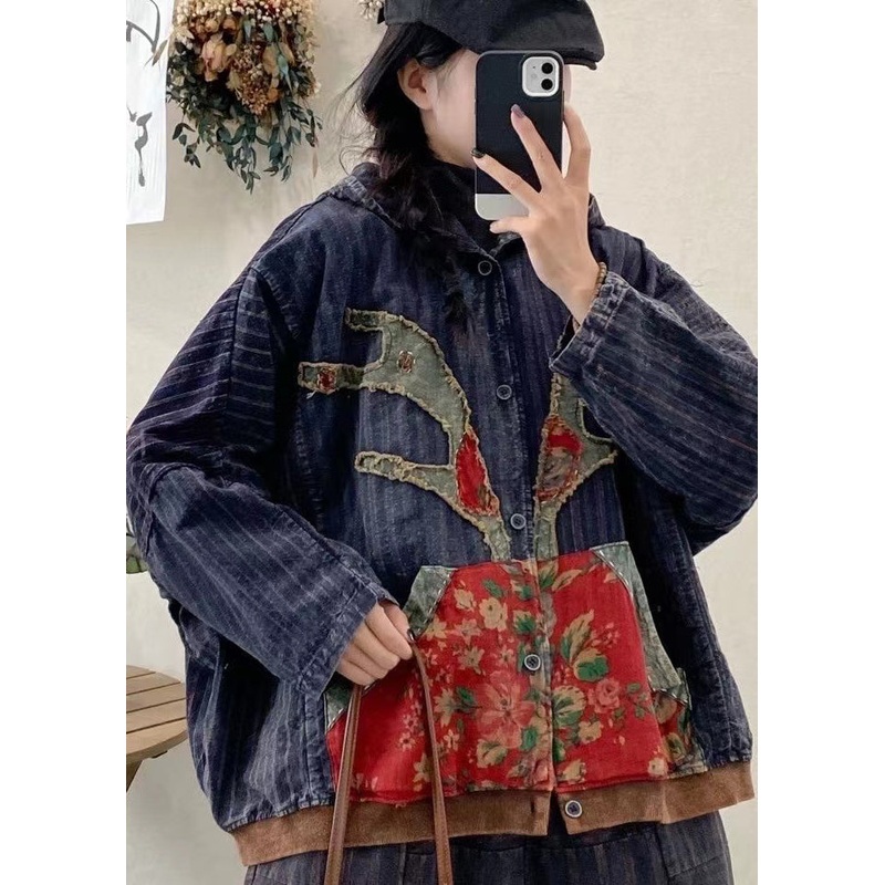 New Blue Pockets Print Patchwork Denim Hooded Coat Fall