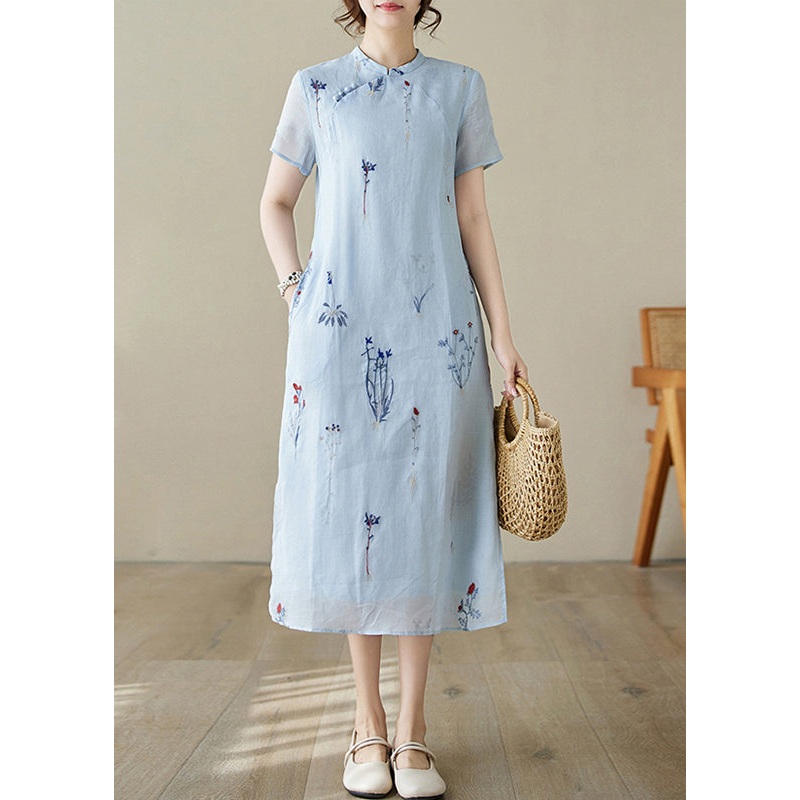 New Blue Print Pockets Linen Long Dress Summer
