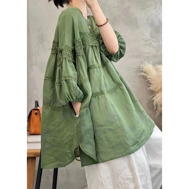 New Green O Neck Lace Patchwork Cotton Top Bracelet Sleeve