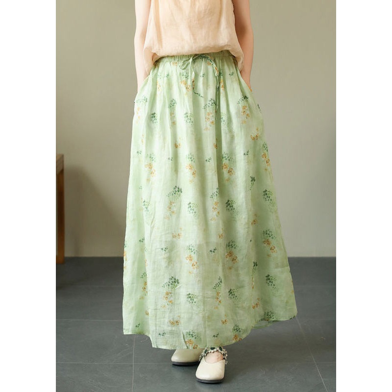 New Green Print Elastic Waist Cotton Skirts Spring