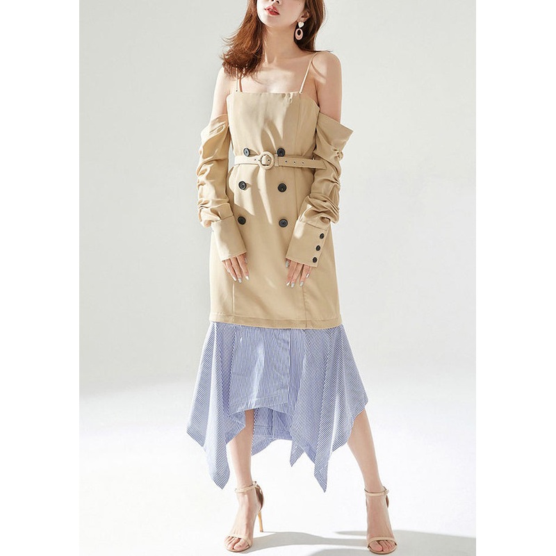 New Khaki Zippered Removable Sleeves Patchwork Cotton Dresses Long Sleeve