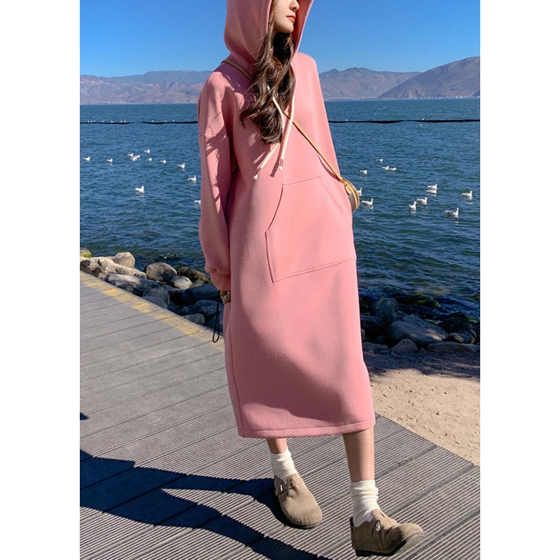 New Pink Hooded Pockets Cotton Streetwear Dresses Fall