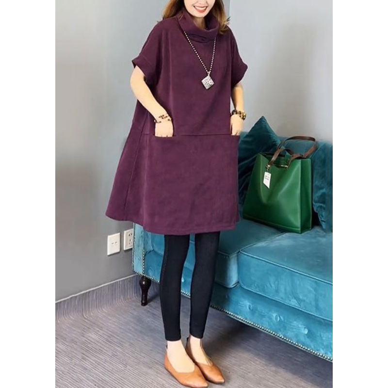 New Purple Turtleneck Pockets Cotton Mid Dress Short Sleeve