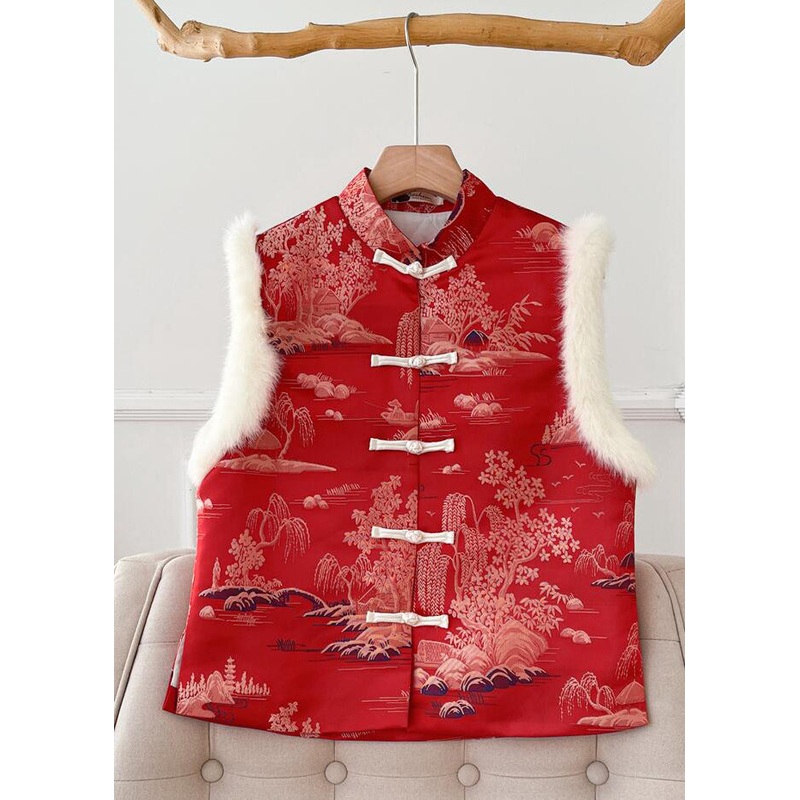 New Red Fluffy Print Patchwork Thick Waistcoat Sleeveless