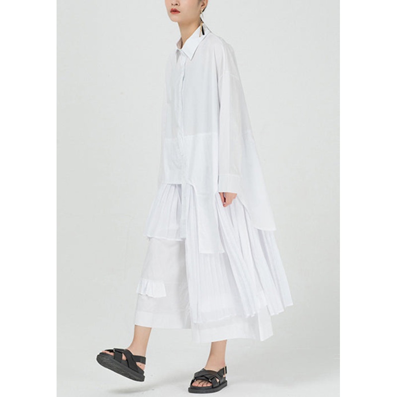 New White Button Patchwork Cotton Blouses Dresses Long Sleeve