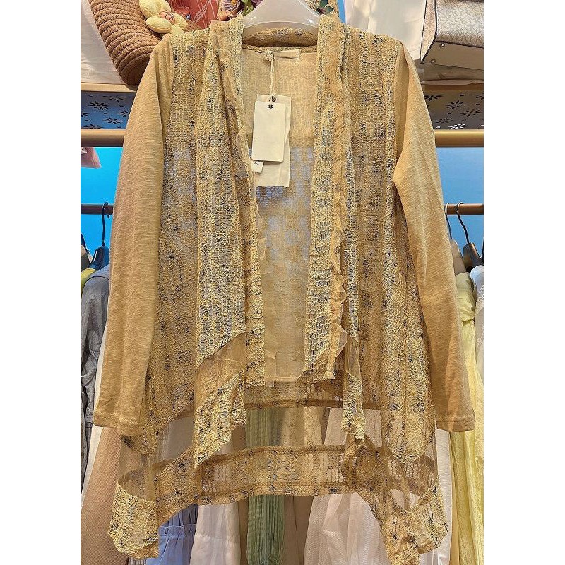 New Yellow V Neck Ruffled Patchwork Knit Cardigans Long Sleeve