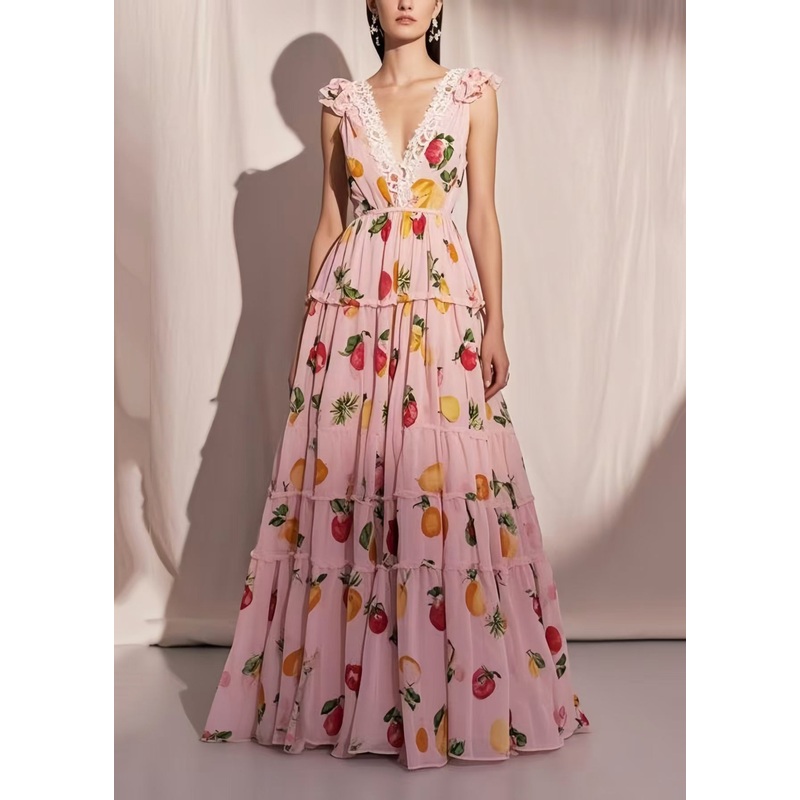 Organic Pink Fruit Print Exra Large Hem Chiffon Maxi Dresses Summer