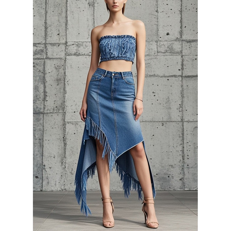 Original Design Blue Asymmetrical Tasseled Denim Skirts Fall