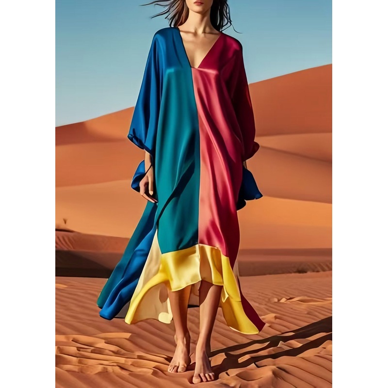 Original Design Colorblock Asymmetrical Patchwork Silk Vacation Dresses Spring