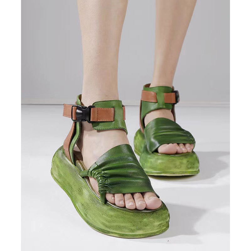 Original Design Green Cowhide Leather Platform Sandals Peep Toe