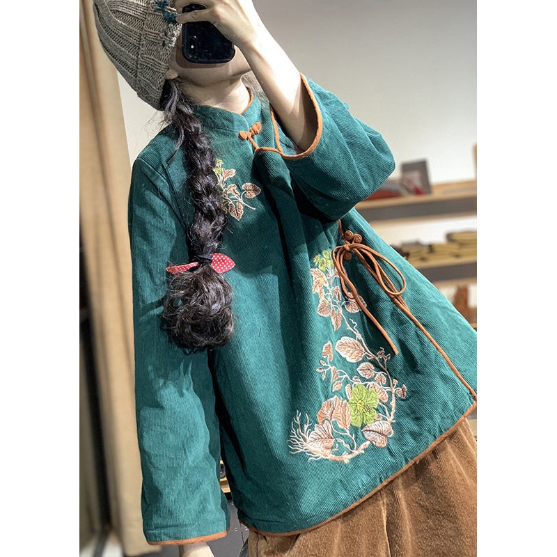 Original Design Green Embroidered Fine Cotton Filled Corduroy Coats Fall