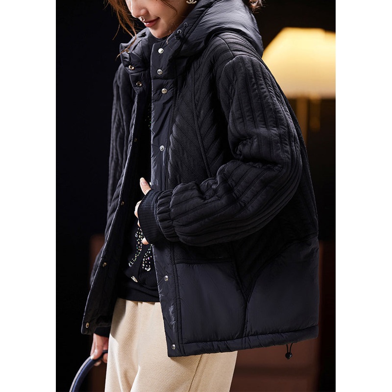 Plus Size Black Hooded Button Cotton Filled Coat Long Sleeve