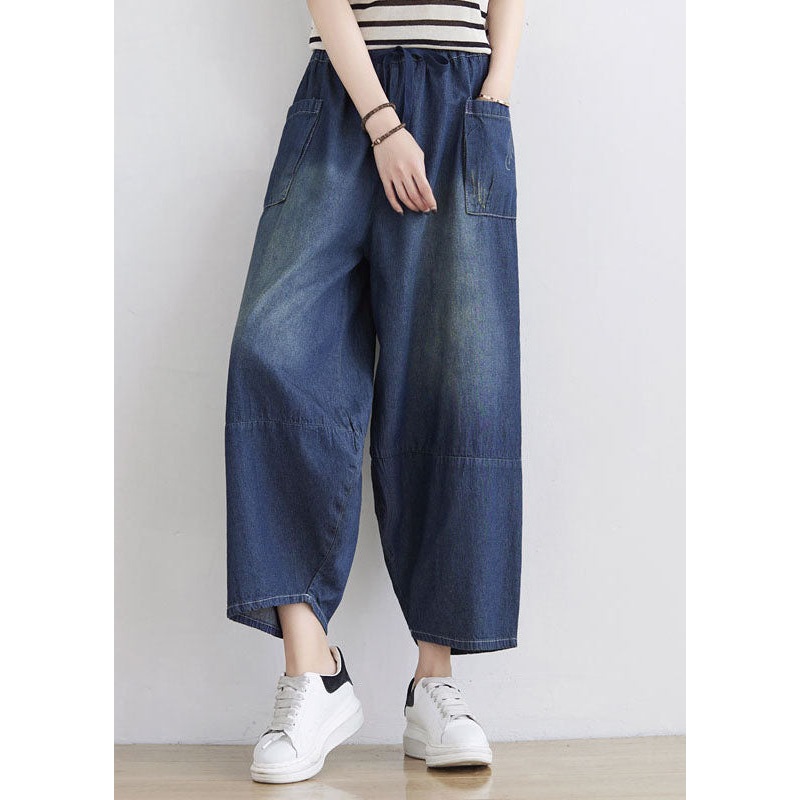 Plus Size Blue Elastic Waist Patchwork Cotton Denim Pants Spring