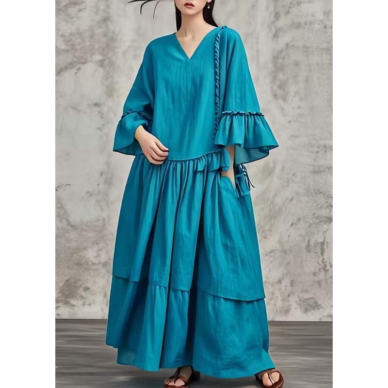 Plus Size Peacock Blue Oversized Patchwork Cotton Maxi Dresses Fall