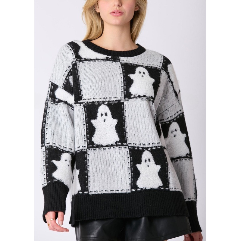 Plus Size White O Neck Plaid Knit Sweater Long Sleeve