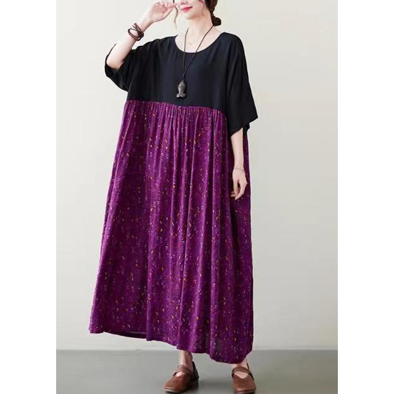 Purple Patchwork Wrinkled Maxi Dress Summer