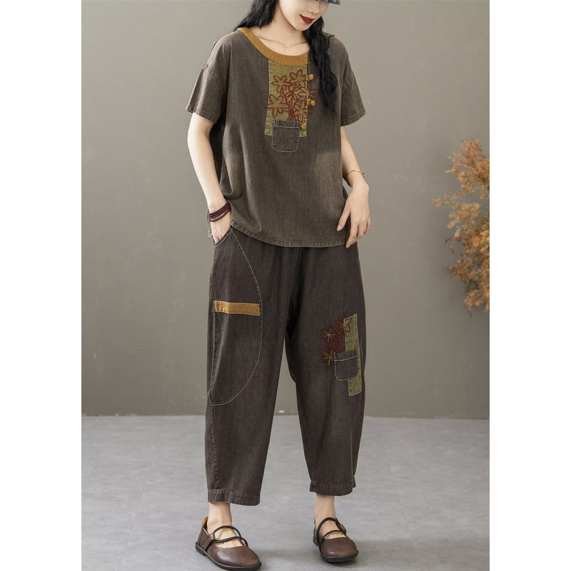 Retro Black Embroidered T Shirt And Crop Pants Denim Two Pieces Set Summer