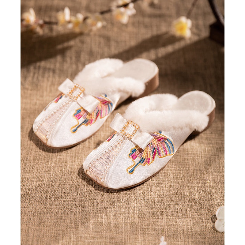 Retro Embroidery Chunky Slippers Shoes White Satin Fuzzy Wool Lined